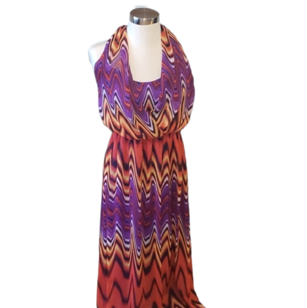 Bisou Bisou ladies size 6 Purple, Orange, Black and White maxi halter dress